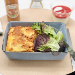 Lasagne poulet, potimarron, crème de gorgonzola, mozzarella et noisettes