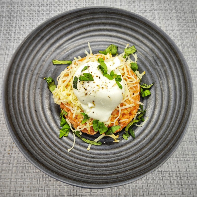 VG / Risotto, tomate, burratina crémeuse, scamorza & basilic frais