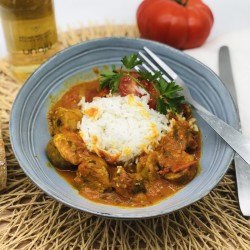 Rougail saucisse, riz, coriandre, citron vert