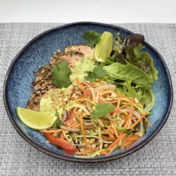 Tataki de saumon au leche de tigre*  spaghetti de courgette, carotte, poivron, cacahuète, sesame