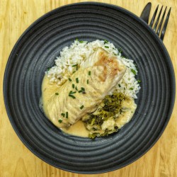 Dos de cabillaud fondue de poireaux, parmesan et riz