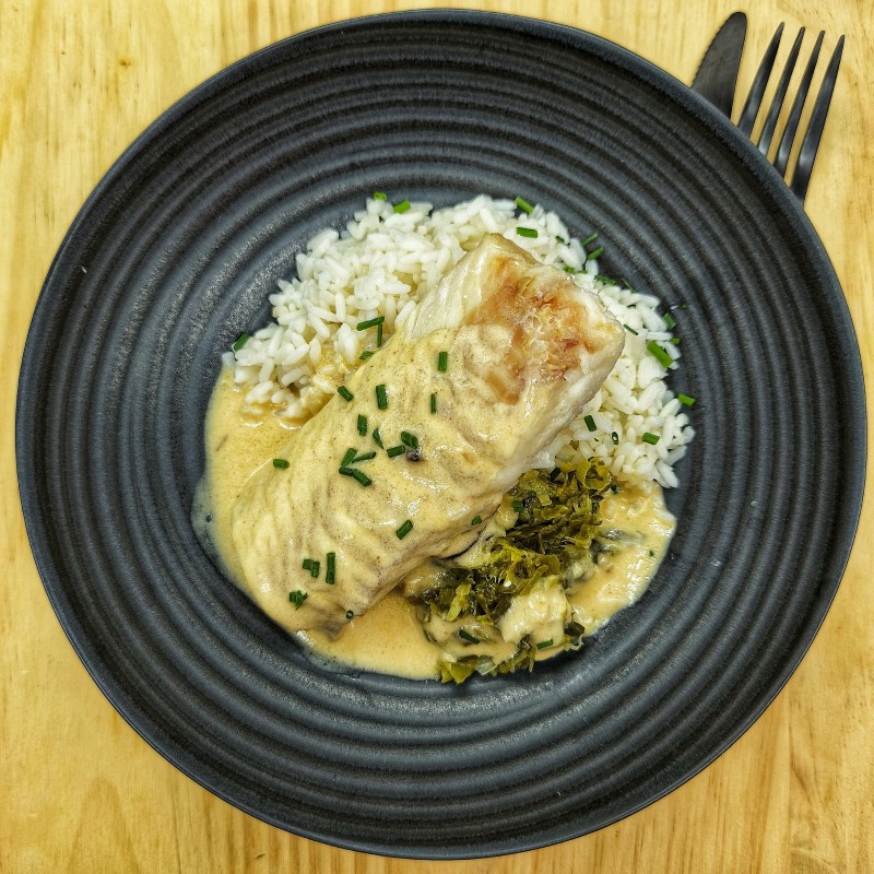 Dos de cabillaud fondue de poireaux, parmesan et riz