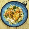 Pâtes sauce crémeuse chorizo, poulet et crevettes sautés à l'aneth et paprika, parmesan, zeste de citron