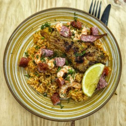 *Jambalaya from Louisiane :  crevettes, poulet, saucisse fumée, poivrons, cajun, aneth, citron, riz