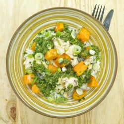 Emincé de poulet grillé sauce chimichurri*, riz et patate douce rotie