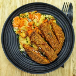 VG : Gratin de patates et patates douces, lait coco, ail, gingembre, steak épeautre
