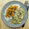 Aiguillettes de poulet, crème aux champignons, carotte en persillade et riz